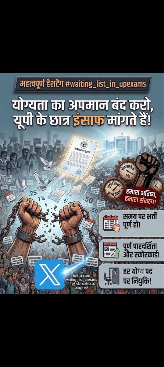 malkhan's tweet photo. हर खाली सीट, किसी अभ्यर्थी के टूटे हुए सपनों की गवाह है।
जब योग्य अभ्यर्थी उपलब्ध हैं, तो पद खाली क्यों रहें?
Waiting List लागू करना किसी पर एहसान नहीं, बल्कि मेहनत, योग्यता और पारदर्शिता का सम्मान है।
रिक्त पद नहीं, योग्य उम्मीदवार नियुक्त होने चाहिए।
#waiting_list_in_upexams https://t.co/Ju8SpPoii8