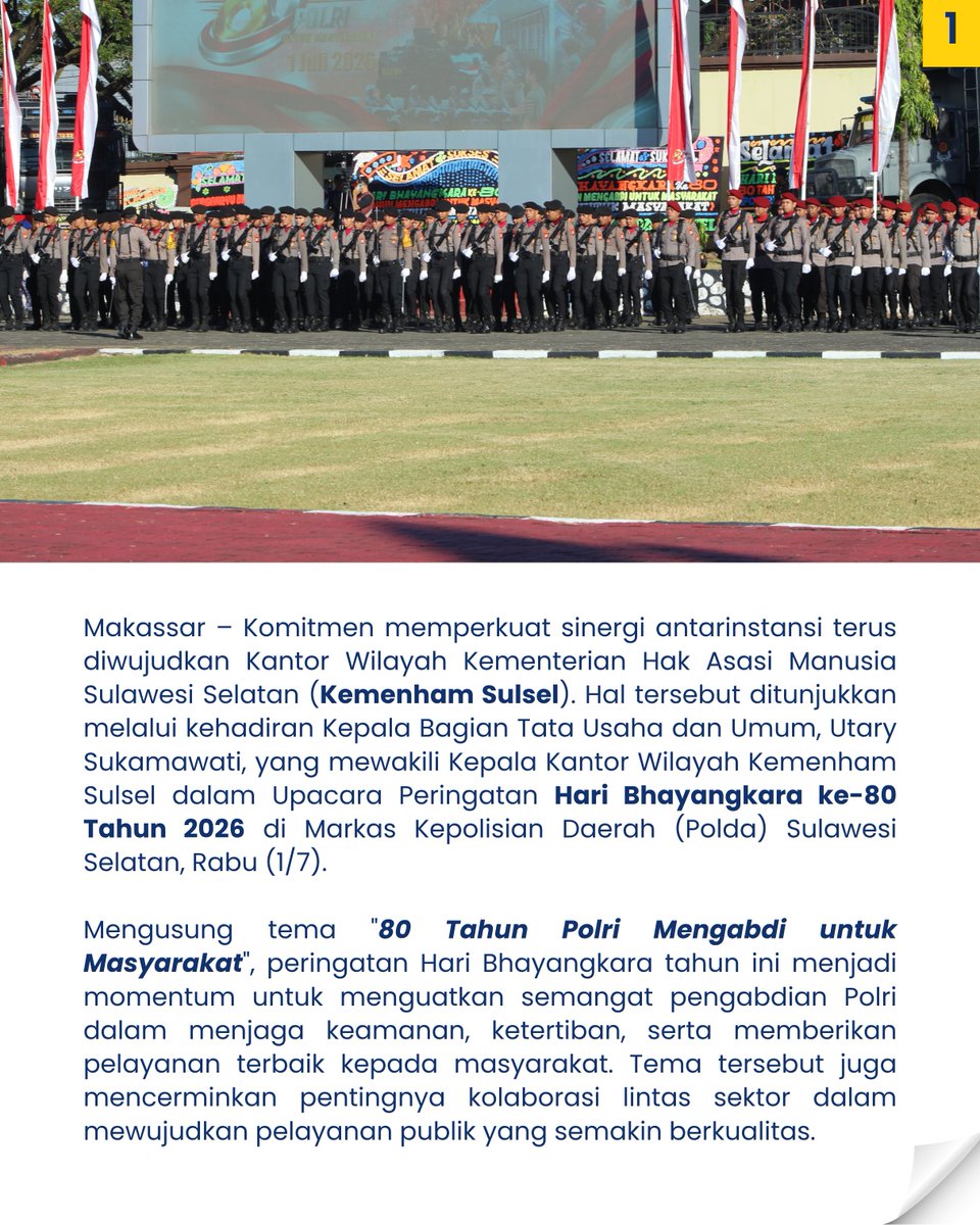 kemenhamsulsel's tweet photo. Sinergi yang kuat menjadi fondasi pelayanan publik yang semakin berkualitas.

Selamat Hari Bhayangkara ke-80. Terus mengabdi untuk masyarakat, semakin profesional, humanis, &amp; bersinergi demi Indonesia yang aman, adil, dan bermartabat.
#kemenham #kemenhamsulsel #HariBhayangkara80 https://t.co/c5lc8pxGQP
