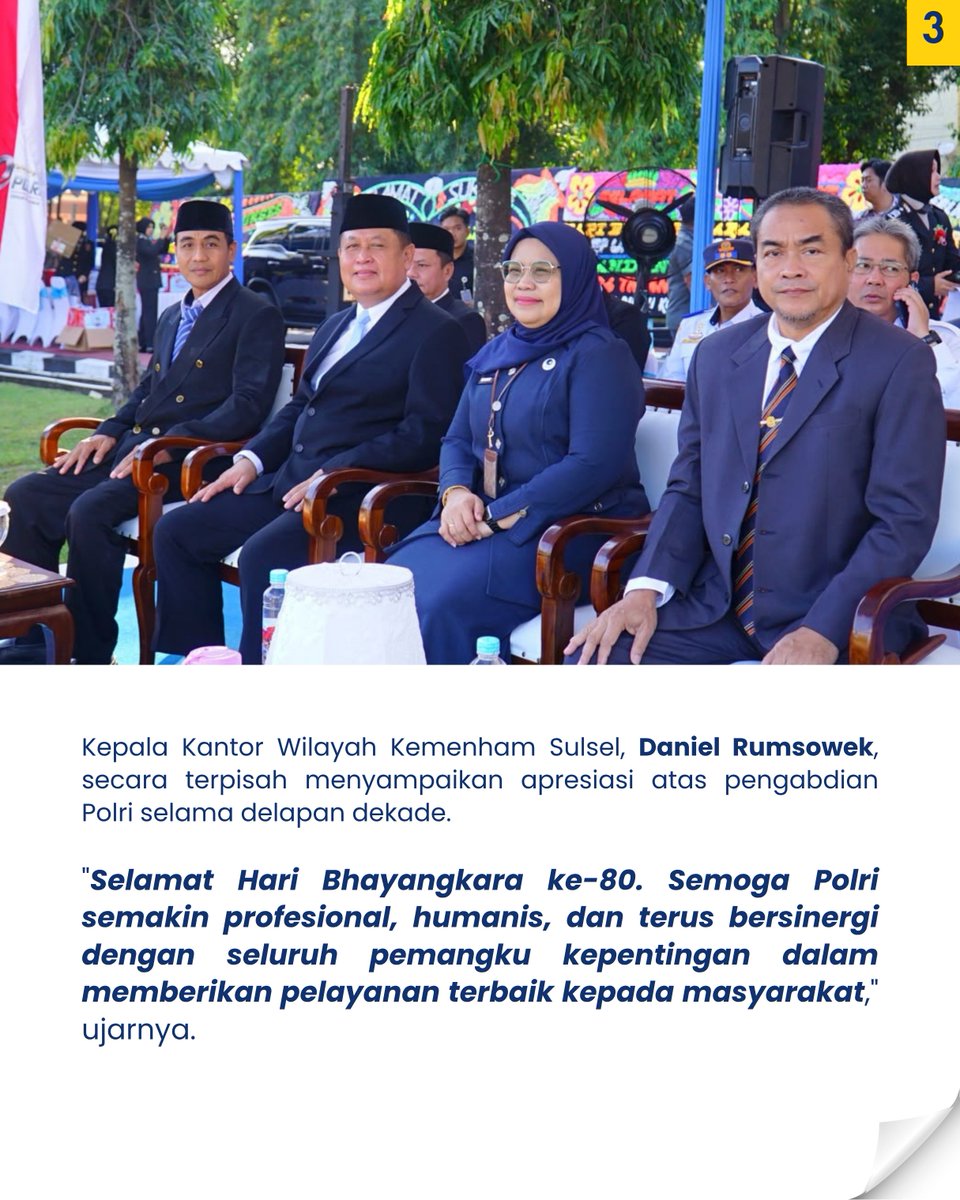 kemenhamsulsel's tweet photo. Sinergi yang kuat menjadi fondasi pelayanan publik yang semakin berkualitas.

Selamat Hari Bhayangkara ke-80. Terus mengabdi untuk masyarakat, semakin profesional, humanis, &amp; bersinergi demi Indonesia yang aman, adil, dan bermartabat.
#kemenham #kemenhamsulsel #HariBhayangkara80 https://t.co/c5lc8pxGQP