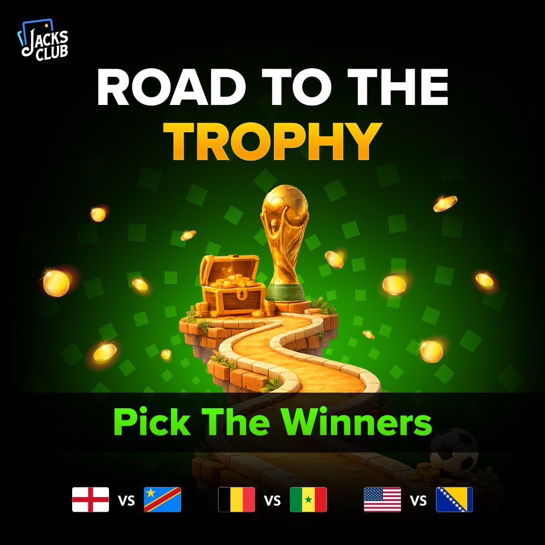 JacksClubCasino's tweet photo. 🏆  ROAD TO THE TROPHY CONTINUES!

The Round of 32 action continues, so does  today's challenge ! ⚽️

🎯 Predict the winners of today's matches.

Every correct pick is rewarded from the 500 USDT Prize Pool.

⏰ Submit your predictions before the first whistle and stay in the race for the trophy!

Need more info? Hit up @cryptospade1 on Telegram.

Who are you backing today? 👇

#WorldCup2026 #KnockoutStage #FootballPredictions