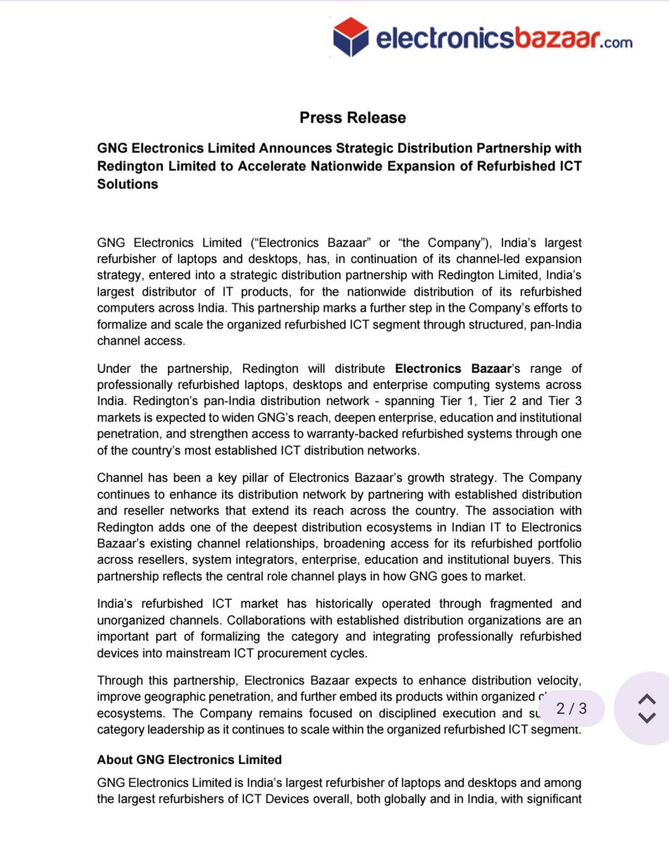 proud_bullish's tweet photo. GNG Electronics

GNG Electronics has formed a strategic partnership with Redington Limited to expand the nationwide reach of refurbished ICT solutions across India. 📈

#GNG #stockmarket #stockalerts #Nifty #GNGELECTRONICS https://t.co/zAyYLCn8x6