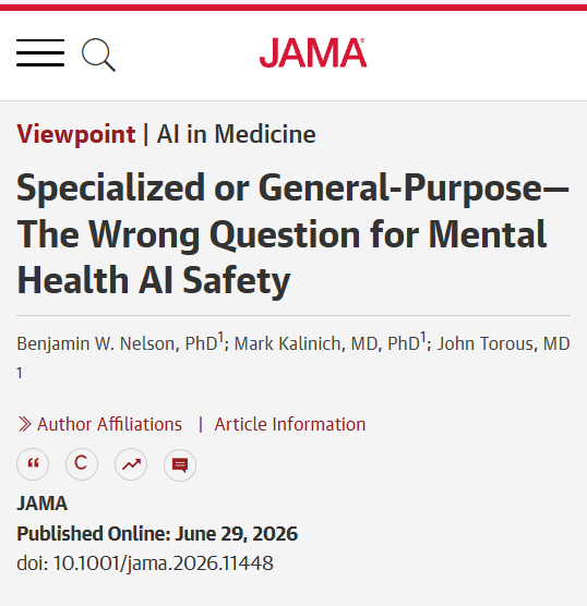 JAMA_current's tweet photo. 💬 Viewpoint: Evaluating mental health #AI safety requires measuring both acute and cumulative harms, not just comparing specialized vs general-purpose models, and demands transparent, outcome-based standards.

https://t.co/lI7cIeRBt2 https://t.co/qbjm2DEZpR