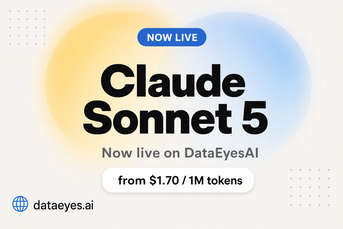 DataEyesAI's tweet photo. ⚡ Claude Sonnet 5 is now live on DataEyesAI.

Anthropic's new default model — near-Opus 4.8 performance, built for agents &amp; coding.

One API, all the top models. Sonnet 5 from $1.70 / 1M tokens.

Start free 👉 https://t.co/tzlp1wm8j5
#AI #LLM #ClaudeSonnet https://t.co/PpvH9hyaSK
