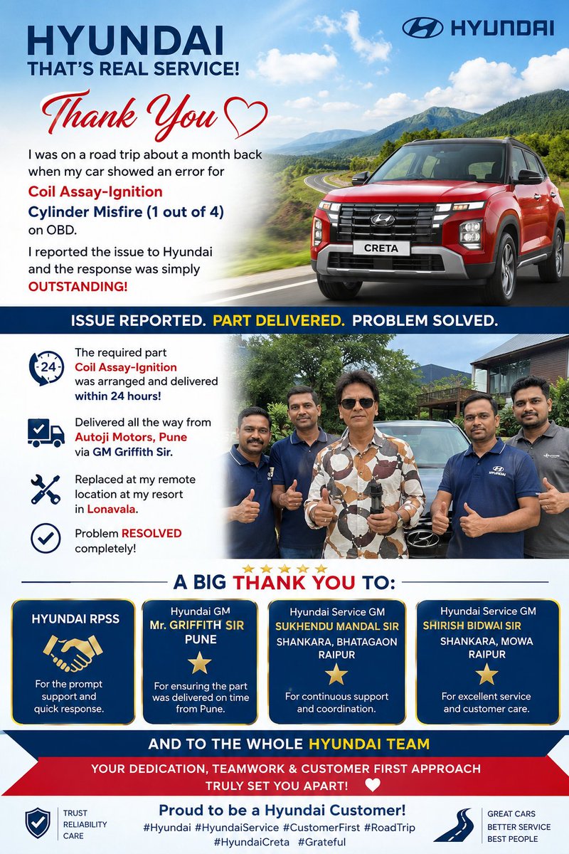 DRHARISHGUPTA's tweet photo. My Hyundai Creta developed an ignition coil issue during Lonavala road trip. Thanks to Hyundai RPSS, Mr. Griffith (Pune), Mr. Sukhendu Mandal, Mr. Shirish Bidwai &amp; Team Hyundai for arranging the part from Pune &amp; resolved issue @ Lonavala within24hours.

#Hyundai #HyundaiCreta https://t.co/2Ru9B5TUIK