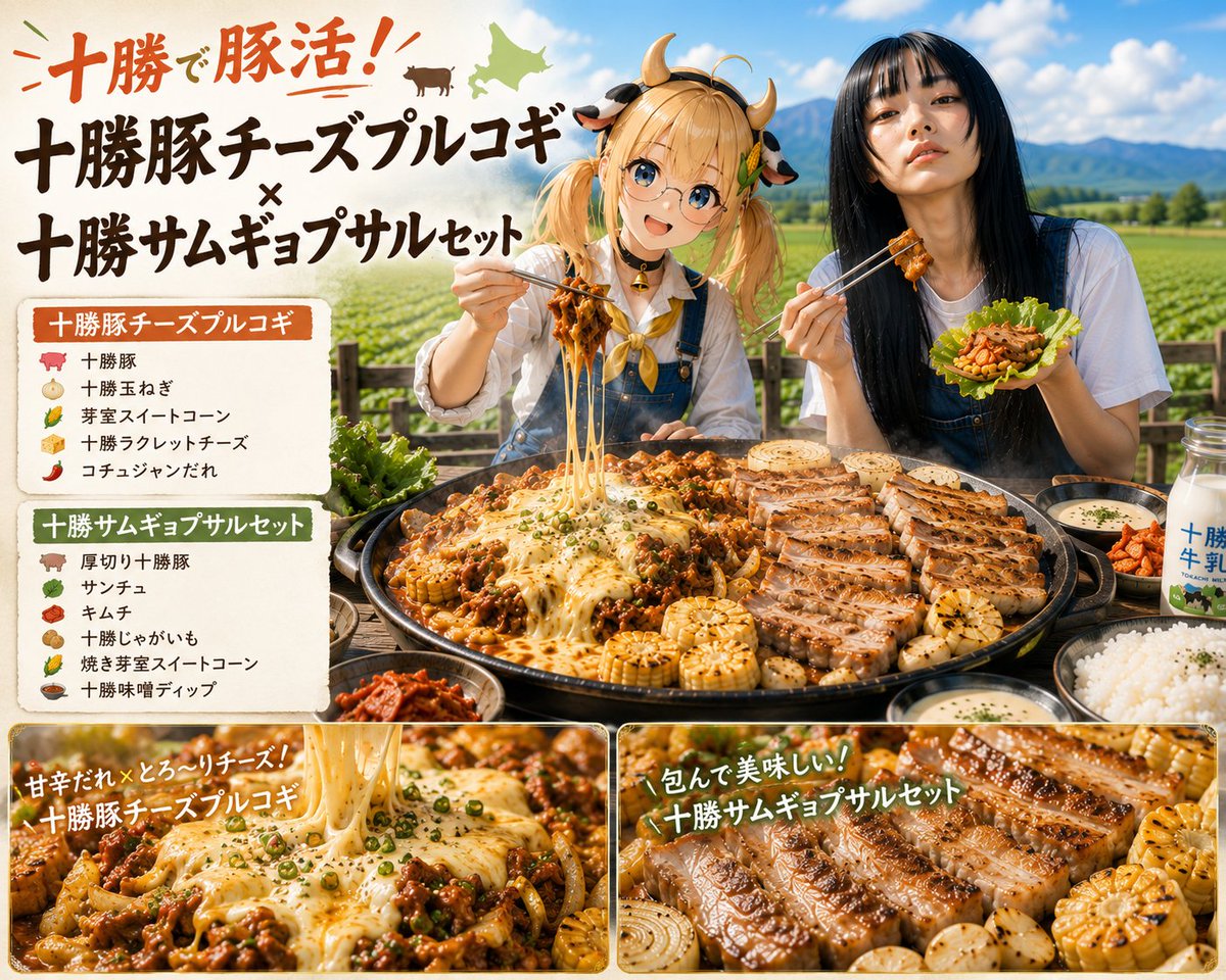 memuroiro's tweet photo. あなたの好物、地元の名産。
それ、十勝とコラボしよう☺️

今回は、ととさん（@DIVETODEEP2077）とコラボ！
豚肉が好きと聞いたので、やらないわけにはいかない😂

🐷 十勝で豚活！
韓国ごはんを、十勝の食材で本気アレンジ！

🔥 十勝豚チーズプルコギ
甘辛コチュジャンだれで炒めた十勝豚に、とろ〜り十勝ラクレットチーズ！

🥬 十勝サムギョプサルセット
厚切り十勝豚を、サンチュ・キムチ・芽室スイートコーン・十勝じゃがいもと一緒に包んで豪快に！

韓国の「おいしい」と、
十勝の「おいしい」が出会ったら…

もう、お箸が止まりません🤤✨
昼時に容赦なくポストだッ🫵

なお、ととさんは、「天 ROCK FEST」主催としても活動中！🎸
気になった方はぜひチェックして��るんだぞ😉