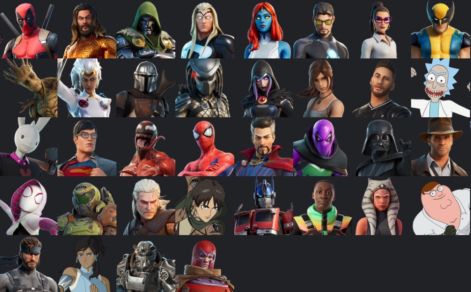 zingycoyote's tweet photo. just wanted to post specifically why i’m not a huge fan of specific bp’s coming back

these are all the collab skins you can never get again #Fortnite https://t.co/zQSOOwUngj