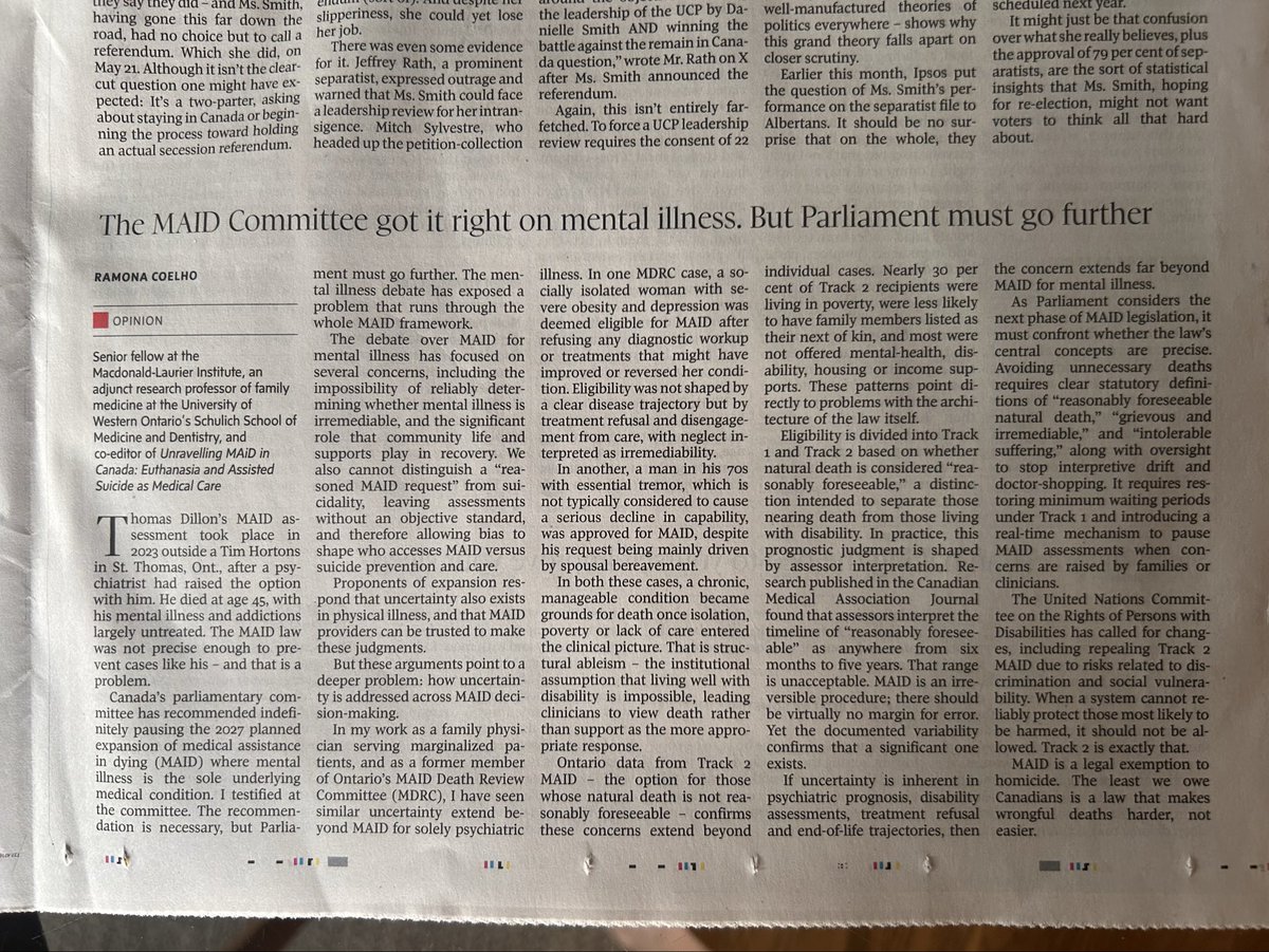 TrudoLemmens's tweet photo. “Avoiding unnecessary deaths 
requires clear statutory definitions of reasonably foreseeable natural death," "grievous and irremediable," and "intolerable suffering," along with oversight to stop interpretive drift and doctor-shopping.” Great Oped @rljcoelho  @globeandmail https://t.co/MU5jsKQ4St