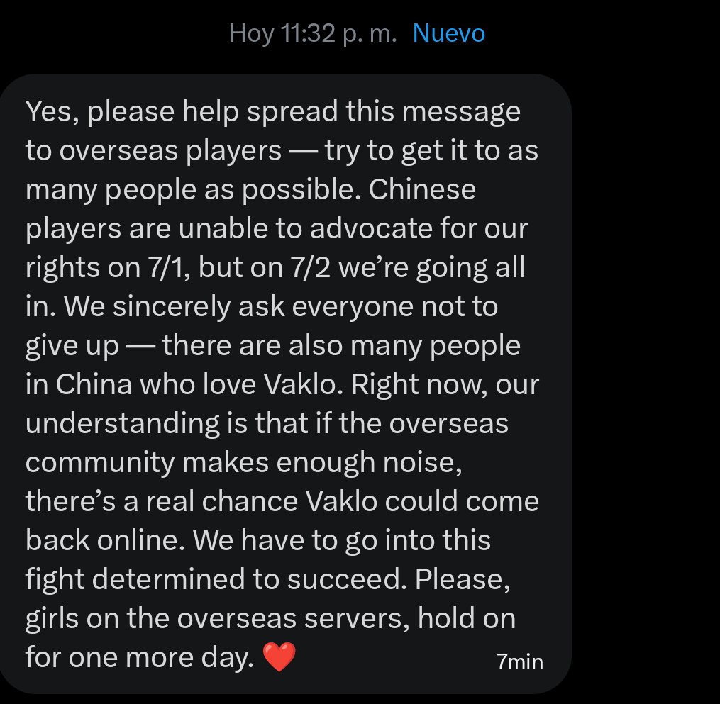 ik4tt3's tweet photo. i got this DM from a CN player. ❤️

they asked us not to give up. they're fighting for Valko too, and they believe overseas players can make a difference.

let's keep sending emails, sharing feedback, and making our voices heard. we still have hope. 🐺
#BringBackValko https://t.co/ObmV45D0ZU