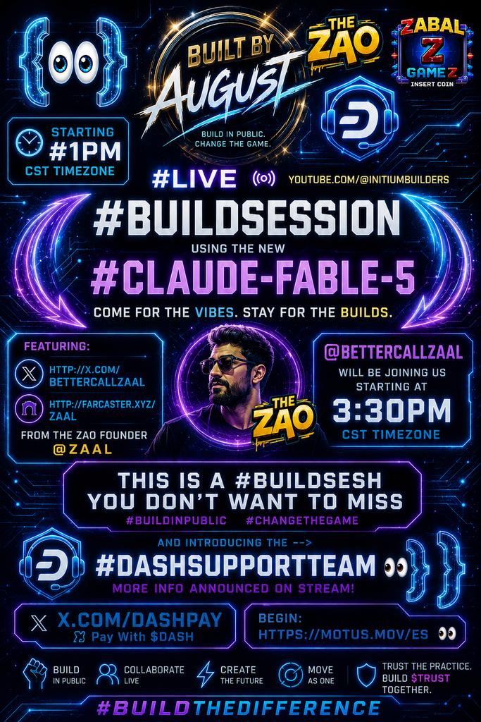 BuiltByAugust's tweet photo. Starting #1PM CST #TMR

https://t.co/HeoUIq6Ljx Live #BuildSession Using The New #CLAUDEFABLE5 

Come For The Vibes. Stay For The Builds. 

Featuring:
https://t.co/Utp3jitahk
https://t.co/l1MzN21zzx

From The ZAO Founder @bettercallzaal he will being joining us starting at 3:30PM CST

This Is A #BuildSesh You Don't Want To Miss.

#BuildInPublic #ChangeTheGame

https://t.co/yLPuoxrzqM

And Introducing The -->
#DashSupportTEAM 👀

More Info Announced On Stream!

@Dashpay