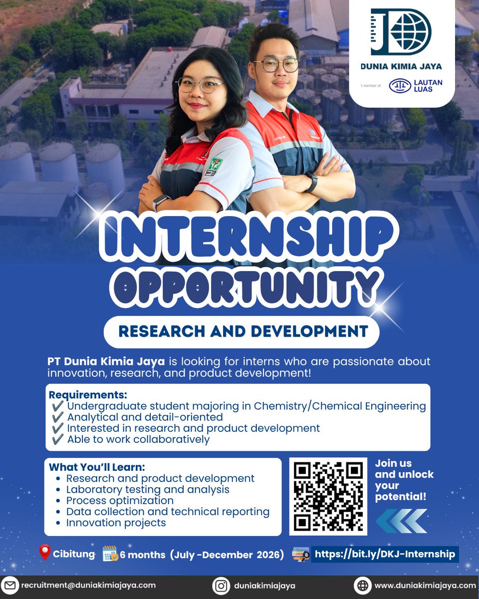 CDCUIcareer's tweet photo. #InternshipVacancy PT Dunia Kimia Jaya
π¬ PT Dunia Kimia Jaya are looking for R&D Interns!
Passionate about research, innovation, & product development? Join PT Dunia Kimia Jaya and gain valuable hands-on experience in a collaborative R&D environment. https://t.co/QS3SLd1cFI