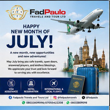 FADPAULO's tweet photo. As we enter July, may God's favor go before you. May every closed door open, every delay become progress, every disappointment turn into a testimony and every journey be protected.

May this month bring you breakthrough
#fadpaulotravels
#TravelSmart #TravelTips #TravelDeals https://t.co/C6IVRpkjnt