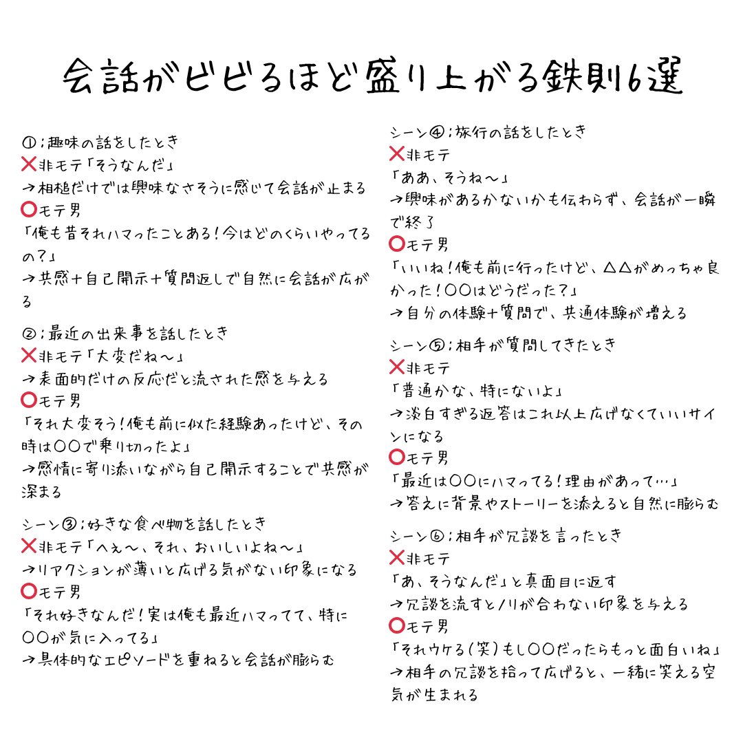 inoue_matching's tweet photo. アプリで大量マッチしてデートは行けるけど、会話が盛り上がらず地獄の空気になる人いませんか？

いくら写真やプロフィールの質が高くてもその場が盛り上がらなければお持ち帰りも彼女化もできませんよね。

なので今回はシーン別に会話が盛り上がる切り返しフレーズをまとめました。 https://t.co/qqhGrmY9pZ
