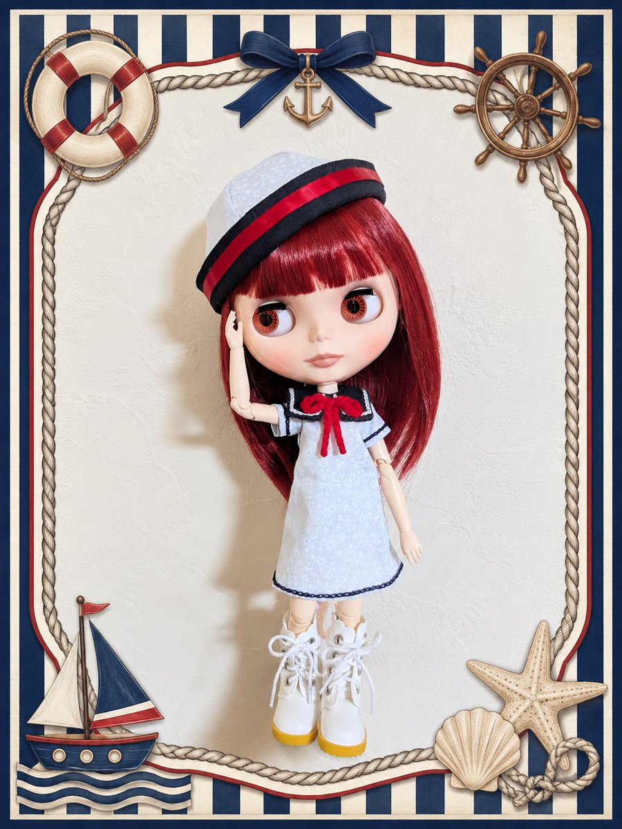 24yappe73's tweet photo. 7月に入りましたね
海の日・海開き🌊…海が身近に感じる月
…というわけで今月のドール服は
⚓marin style🛟にしてみました

襟、袖、裾には細かめのチェーンステッチでラインを入れてます😊

でも実際は…雨ばかりで
先月のドール服（レインコート）の方が
まだぴったりかも🤭（ご覧になってみて） https://t.co/NzhPohSSd4