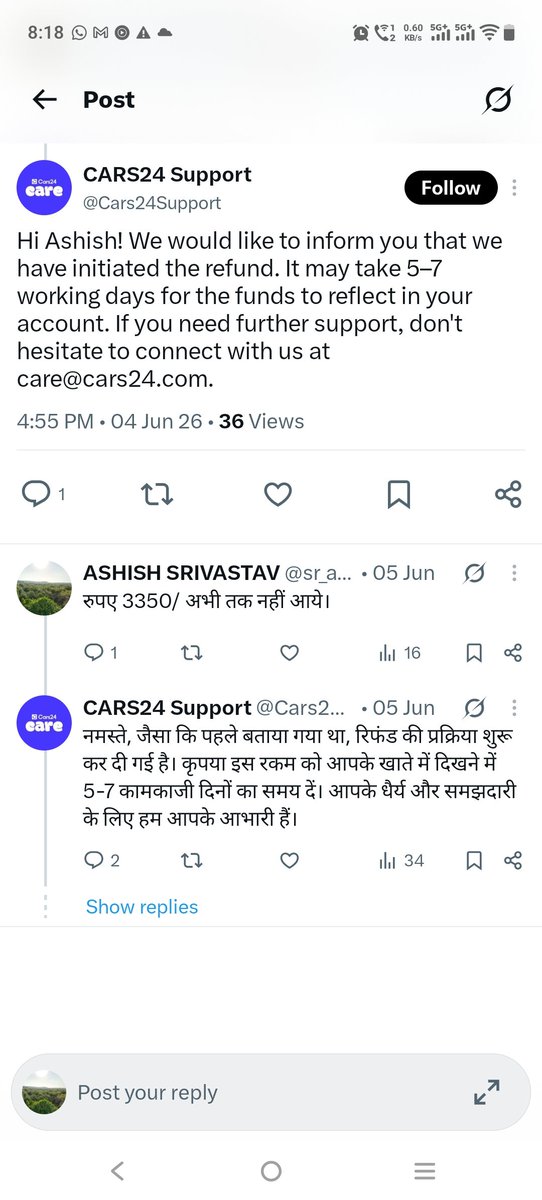 sr_ashish7's tweet photo. @Cars24Support 5june ka reply ki 5-7 din me refund a jayega, 25 din nikal gye he??? https://t.co/RmOx12OWZz