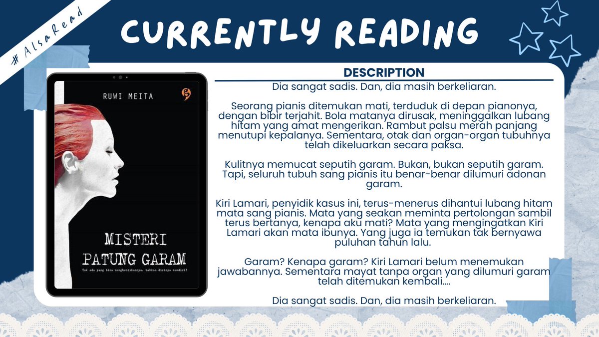 othersa_side's tweet photo. .・。.・゜✭・ Currently Reading
𝗠𝗶𝘀𝘁𝗲𝗿𝗶 𝗣𝗮𝘁𝘂𝗻𝗴 𝗚𝗮𝗿𝗮𝗺 by 𝗥𝘂𝘄𝗶 𝗠𝗲𝗶𝘁𝗮
★ 284 pages
★ CTM, Indonesian Literature
★ iPusnas
#AlsaRead
⚠️ contain spoiler ⚠️ https://t.co/NDmTNLxOZr
