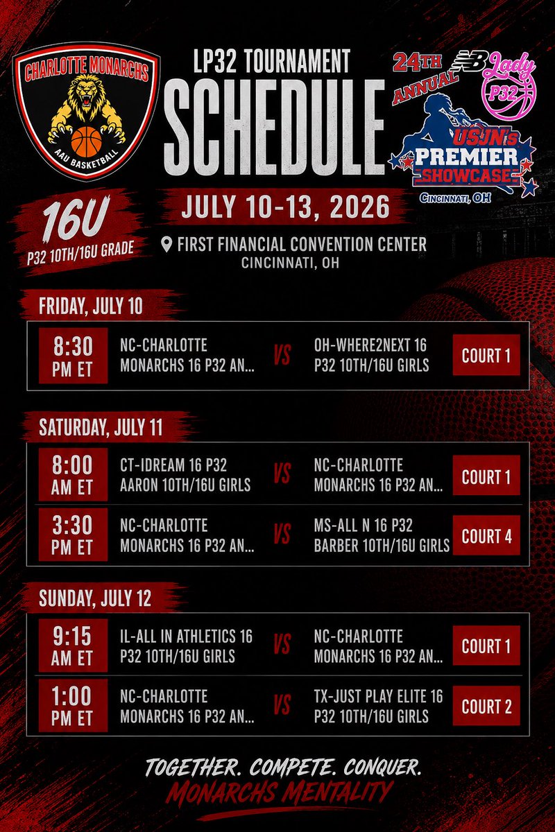 cltldymon_inc's tweet photo. 🏀 CINCINNATI, WE’RE READY! 🔥

The Charlotte Monarchs are headed to the 24th Annual USJN Premier Showcase / Lady P32 Tournament in Cincinnati, Ohio!
#LP32_league #girlsballtoo #workhardplayhard https://t.co/8hrn1wdXeH