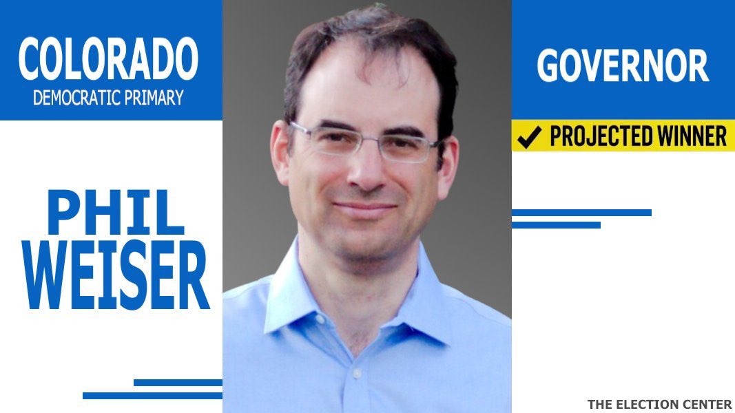 ElectionCenter_'s tweet photo. A summary of the top primaries in Colorado tonight:

Democratic Primary
#COSen: John HickenLooper*☑️
#COGov: Phil Weiser☑️
#CO01: Melat Kiros☑️
#CO08: Manny Rutinel☑️

#Election2026 https://t.co/nPcVxP01FT
