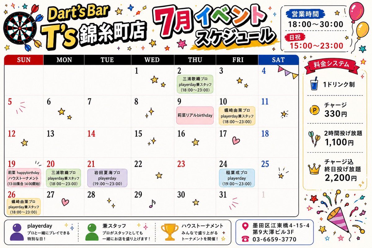 pyc_curry's tweet photo. ☆7月のイベントスケジュール☆
[蒲田店]
お陰様をもちまして11周年㊗️
月、水▶︎参加費無料のプレイヤーデー
テーマ配布もあったり！？
金、土▶︎飲み放題＆投げ放題が終日3,850円‼️(最長12時間！猛者募集中)
7/19（日）▶︎11周年ハウストーナメント🎯
エントリー募集中✨
[錦糸町店]
7/9(木)▶︎チーママ莉菜の誕生日🎉
7/19（日）▶︎莉菜バースデーハウストーナメント
エントリー募集中✨
他▶︎プレイヤーデーは要チェック‼️

よろしくお願いします✨✨