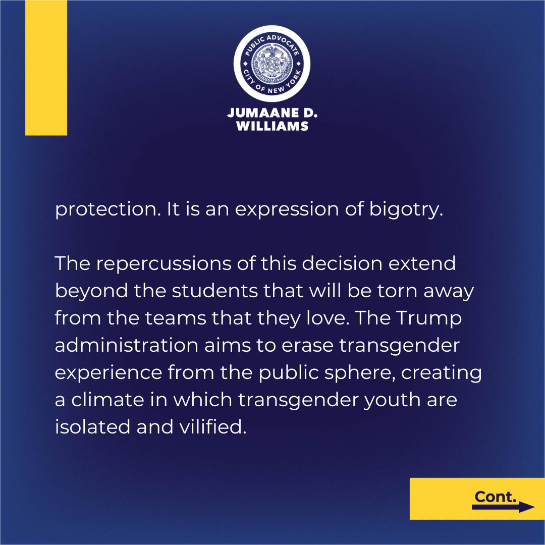 nycpa's tweet photo. Allowing states to bar transgender girls from sports targets a basic tenet of childhood: the freedom to play.

Transgender youth belong, like every other child. My office will continue to fight for every young person’s right to dignity, safety, and community.

Full statement: https://t.co/GFdXbTwKbD