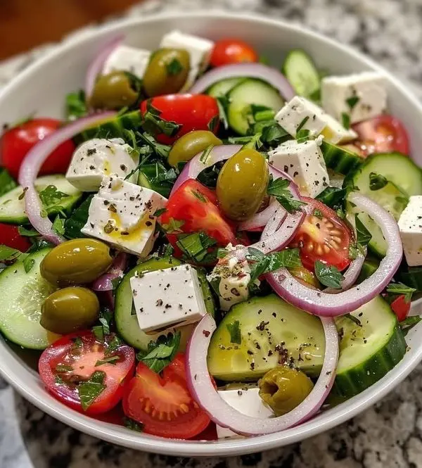 ann_ann886's tweet photo. Classic Greek Salad (Horiatiki)

Ingredients
1 English cucumber, half‑moons
2 cups cherry or vine tomatoes, halved or wedged
1/2 small red onion, thinly sliced
1 green bell pepper (optional, traditional), thin strips or rings
3/4 cup Kalamata or green olives (whole or pitted)
6–8 oz (170–225 g) feta, cut into large cubes or slabs
2–3 tbsp flat‑leaf parsley, chopped (optional)
Dressing (Greek vinaigrette)
1/4 cup extra‑virgin olive oil
2 tbsp red wine vinegar
1 tsp dried oregano (Greek oregano if you have it)
1 small garlic clove, finely grated (or 1/8 tsp garlic powder)
1/2 tsp Dijon mustard (optional, helps emulsify)
1/2 tsp kosher salt, to taste
1/4 tsp freshly ground black pepper
Pinch sugar or a drizzle of honey (optional, balances acidity)
Squeeze of fresh lemon (optional, for extra brightness)

Instructions
Prep vegetables: Add cucumber, tomatoes, onion, and bell pepper (if using) to a large bowl.
Make dressing: Whisk olive oil, vinegar, oregano, garlic, Dijon, salt, pepper, and optional sweetener/lemon until emulsified.
Toss: Pour most of the dressing over the veggies and toss gently.
Finish: Add olives and feta cubes (or lay a slab of feta on top, taverna‑style). Spoon the remaining dressing over the feta. Sprinkle with a little more oregano and parsley.
Serve: Best at room temperature. Add a final drizzle of good olive oil and a crack of pepper.
Tips and swaps
Salt tomatoes lightly 5–10 minutes ahead to draw out juices—toss those juices into the dressing.
Keep feta in large chunks/slab so it doesn’t crumble; diners can break pieces at the table.
Add capers for briny pop; swap in mixed olives if you like.
For a heartier meal, serve with toasted pita, grilled chicken, or chickpeas.