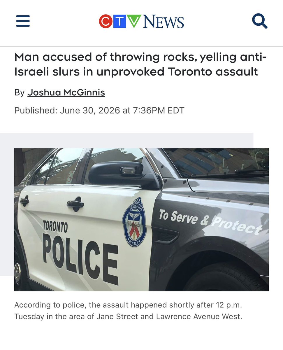 ShamirIdit's tweet photo. 🇨🇦- Today near Jane and Lawrence in Toronto, 58-year-old Abdulkadir Al-Jelani approached a visibly Jewish man, unprovoked, hurled anti-Israel slurs, pelted him with rocks, and threatened to kill him. 

The victim was injured. The suspect was arrested shortly after. Police are investigating as a hate-motivated assault.

This is antisemitism, pure and simple. A Jewish man was attacked in broad daylight because he was visibly Jewish.

This did not occur in a vacuum. In a city where Jews are the most targeted religious group, Toronto's mayor chanting "Free Palestine" at Pride sends a particular message. A federally funded museum in Winnipeg hosting a year-long Nakba exhibition presenting Israel's founding as catastrophe while erasing Jewish history and our connection to the land. That carries consequences.

Minister Marc Miller's acknowledgment of this problem without action reinforces the message that Jewish concerns are secondary. It signals that antisemitic lines can be crossed when wrapped in the language of rights.

The Canadian public square is being poisoned through official signals, excuses, and selective outrage that normalize hostility toward Jews. Jewish Canadians have every right to live in safety and dignity.