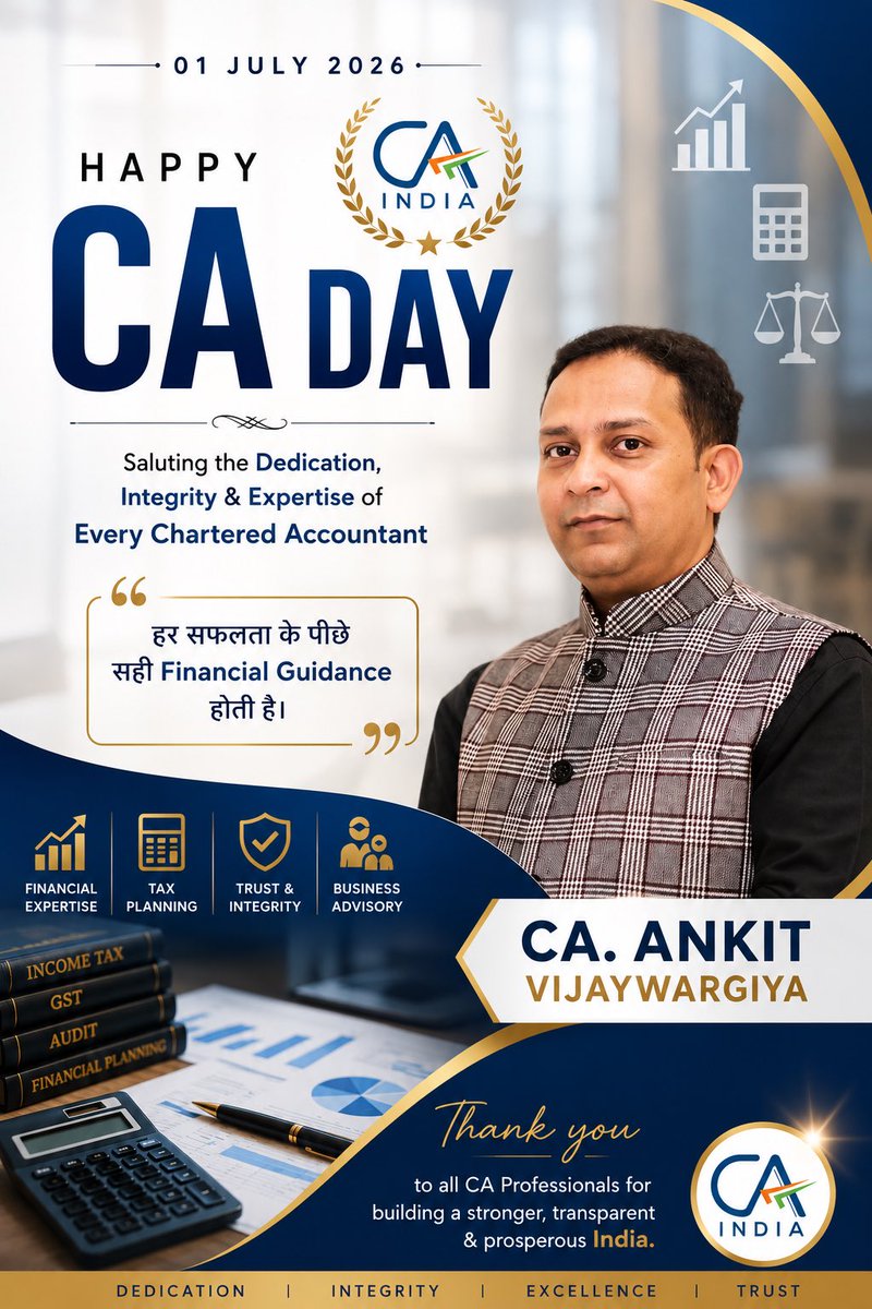 ankitvijay05's tweet photo. “Honoured to be part of a profession built on integrity, knowledge, and trust. Proud to be a Chartered Accountant”

Happy CA Day https://t.co/riUVjNl7nM