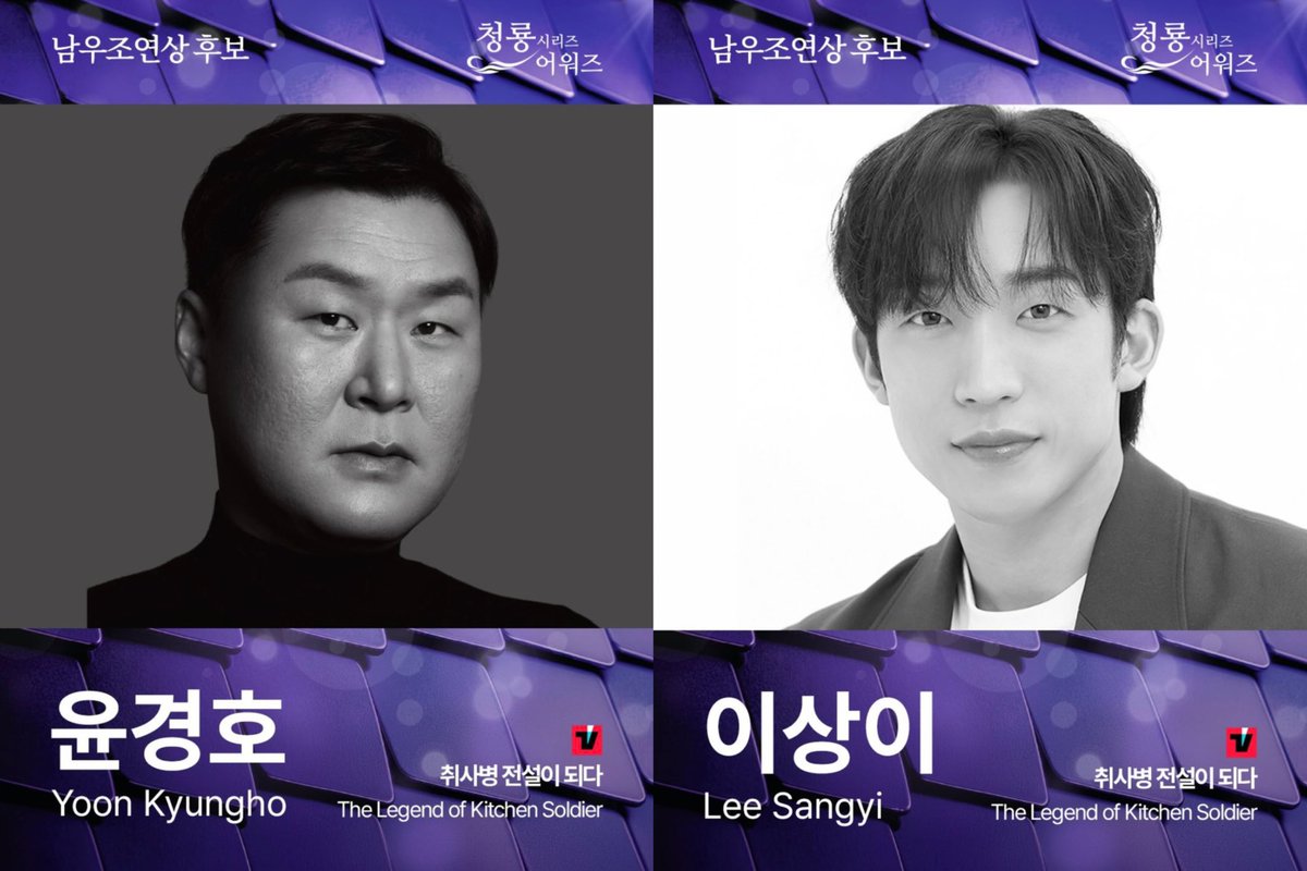 gugu529's tweet photo. 청룡시리즈어워즈 팀취사병 노미네이트✨
#취사병전설이되다 

남우주연상 - 박지훈
남우조연상 - 윤경호
남우조연상 - 이상이
신인남우상 - 이홍내
최우수작품상(드라마) https://t.co/iRxBPbJoMA