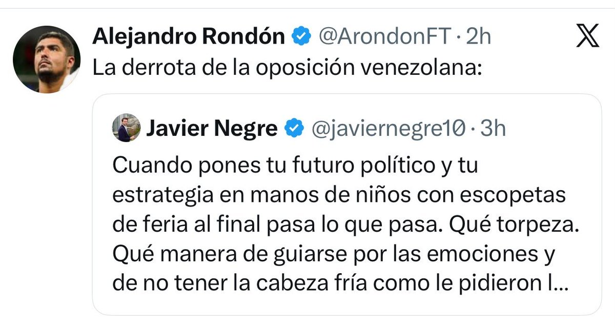 rondon_EA26's tweet photo. La publicación de Javier Negre solamente es respaldada por amplificadores y propagandistas del régimen chavista. Si entran a las citas y los comentarios todo lo demás son críticas. Qué bárbaro la imagen que está dejando uno que solía presentarse como conservador y aliado de la causa. 

El desprestigio es total.