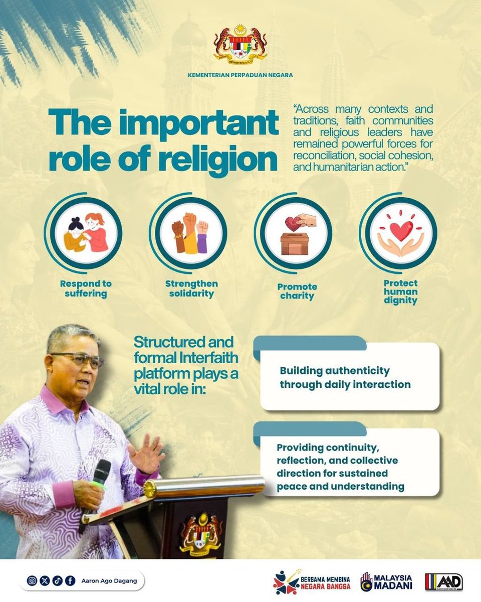 AaronAgoDagang's tweet photo. From social peace and harmony, to the role of religion and interfaith engagement, the journey towards unity begins with trust, dialogue and mutual understanding.  

Malaysia’s diversity is our strength. Guided by the values of the Rukun Negara and a shared sense of belonging, we continue to strengthen our collective identity as one nation.