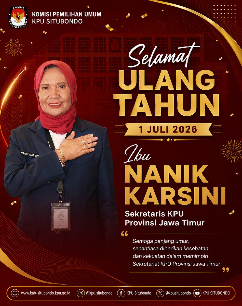 kpustb's tweet photo. #temanpemilih 
Segenap jajaran KPU Kabupaten Situbondo mengucapkan Selamat Ulang Tahun untuk Sekretaris Komisi Pemilihan Umum Provinsi Jawa Timur (KPU Jatim), Nanik Karsini 
#kpumelayani https://t.co/lbQs0cdZ4i