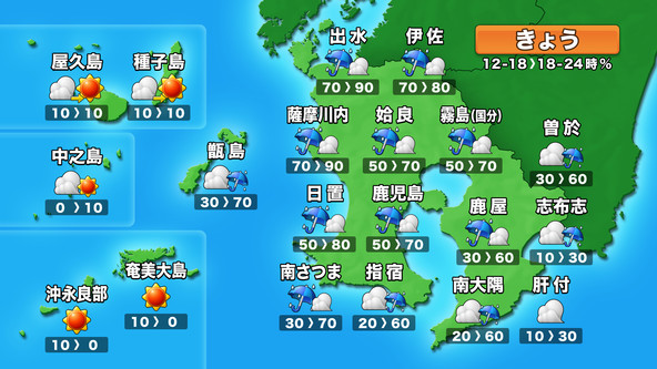kts_weather's tweet photo. 【県本土　夜遅くから大雨の恐れ/11:57】
九州北部にある梅雨前線があすにかけ九州南部まで南下する見込み。前線に向かって暖かく湿った空気が流れ込み、大気の状態が不安定になりそう。薩摩・大隅地方は今夜遅くからあす昼前にかけ、大雨になる恐れ☂️予想される２４時間雨量は多いところで150ミリ⚠️ https://t.co/I6q292g3Fn