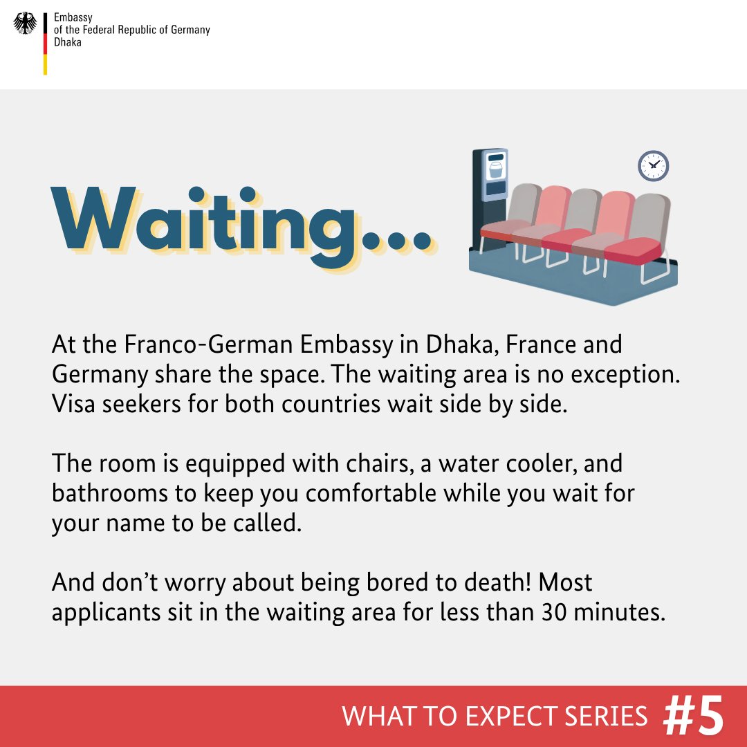 GermanEmbassyBD's tweet photo. As part of our series on what to expect from your visa appointment, here's a quick overview of our waiting area:
#5: Waiting…
#VisaWednesday https://t.co/MXbVJ9HJkX