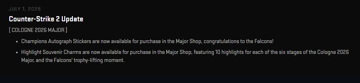 chokegamingcs's tweet photo. CS2 UPDATE Live!
- Champions Autograph Stickers are now available for purchase in the Major Shop, congratulations to the Falcons!

- Highlight Souvenir Charms are now available for purchase in the Major Shop, featuring 10 highlights for each of the six stages of the Cologne 2026 https://t.co/n6H5OBfRI2
