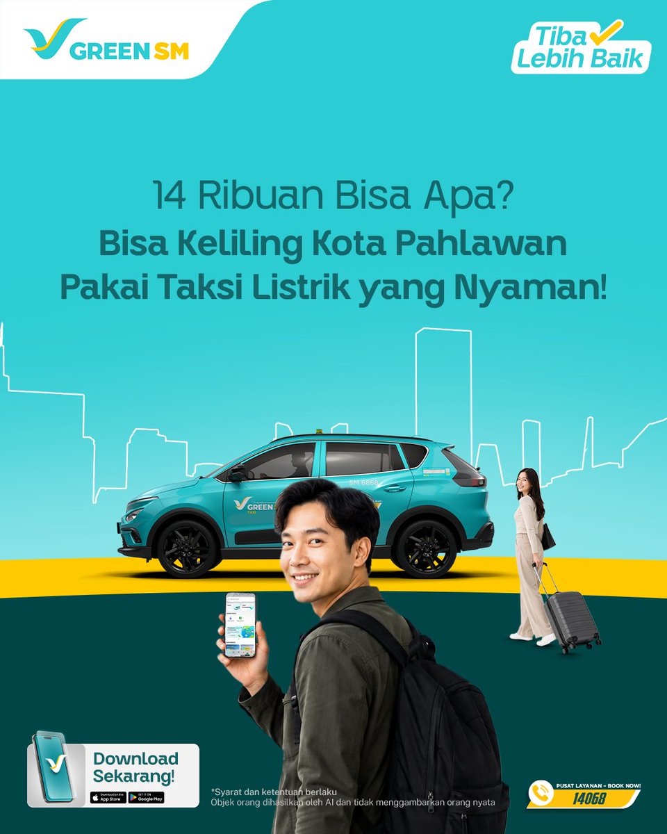 id_greensm's tweet photo. Cuma 14 Ribuan bisa keliling Kota Pahlawan? Bisa banget kalau naik Green SM! 🚙

Spesial buat kamu, pakai kode promo GSMAYOREK langsung hemat 7 ribu untuk perjalananmu! ✨

Yuk, pesan Green SM sekarang! 🩵

#TibaLebihBaik https://t.co/k8dqjQtcf6