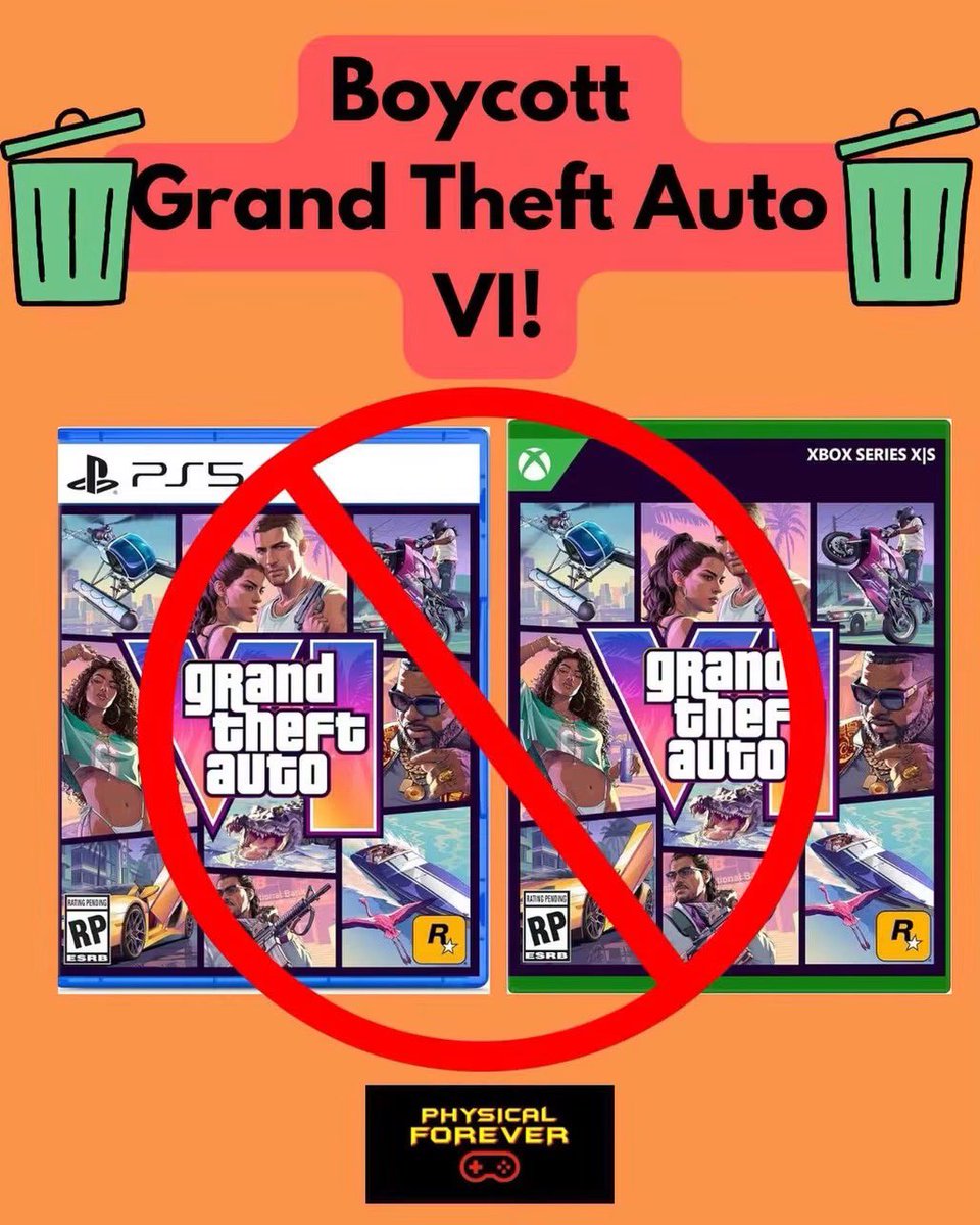 Radical_Reggie's tweet photo. The Physical Forever page wants to boycott Grand Theft Auto 6. Game is coming with a physical case with a code inside.  I’m disappointed and definitely not in a hurry to buy the game.  Probably be a couple of years before I play it at a discounted price. https://t.co/McGBuqh8G3
