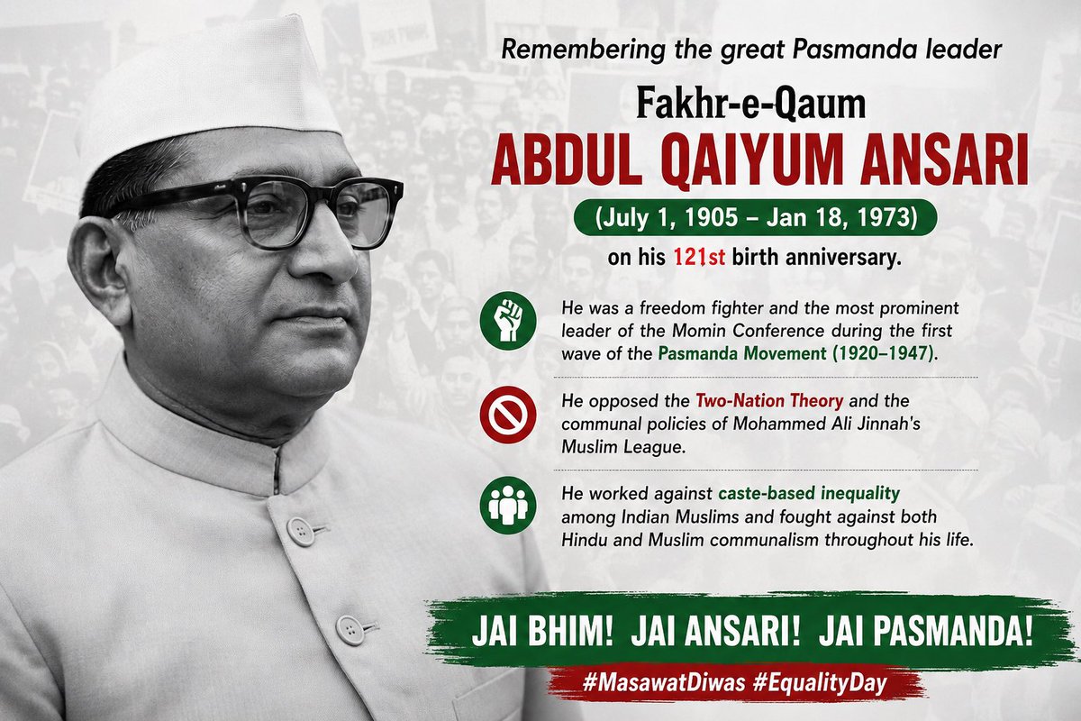 RazaulHaqAnsari's tweet photo. Remembering the great Pasmanda leader, Fakhr-e-Qaum Abdul Qaiyum Ansari (July 1, 1905 – Jan 18, 1973), on his 121st birth anniversary. He was a freedom fighter and the most prominent leader of the Momin Conference during the first wave of the Pasmanda Movement (1920–1947). https://t.co/KN0475m4CQ
