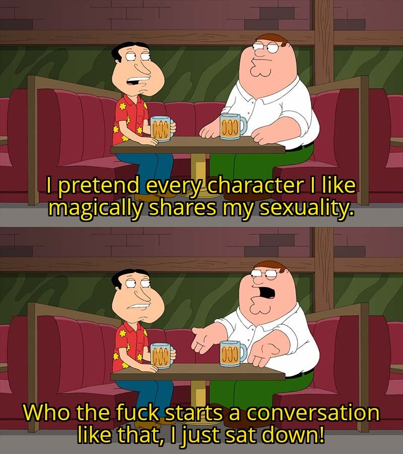 schizohealer's tweet photo. Character: Never says he's gay or shows attraction for dudes.

Porn addict online: "Yeah, I think he's gay. Why? Because I'm gay and I'll project my sexuality onto him" https://t.co/gUluyIuaUW