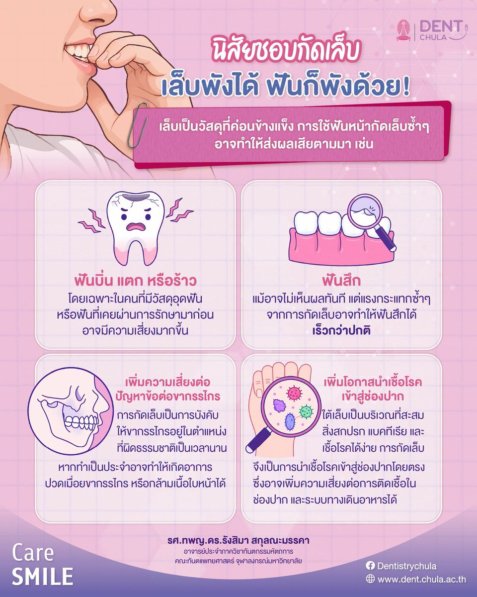 DentistryChula's tweet photo. 💅🦷 ชอบกัดเล็บเป็นประจำ...คิดว่าแค่เล็บเสีย จริงหรือเปล่า?
รู้ไหมว่านิสัยนี้อาจส่งผลเสียต่อ “ฟัน” ทั้งฟันร้าว ฟันสึก และเสี่ยงต่อปัญหาสุขภาพช่องปากได้ ⚠️💙
.
อ่านบทความฉบับเต็ม
https://t.co/DSha4isEj7
.
#dentchula #SDG3 #SDG4 #กัดเล็บ #ฟันสึก https://t.co/pPXBsUeBC5