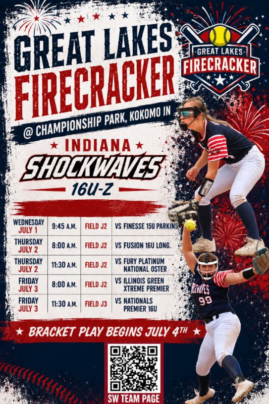 SarahTrapp2029's tweet photo. Indiana Shockwaves 16u-Z will be playing at the Great Lakes Firecracker starting tomorrow at Championship Park.  Come out and see us play.  Bracket play begins on Saturday. #greatlakesfirecracker
#softballpitcher
#uncommitted2029 https://t.co/jeidjxdUpF