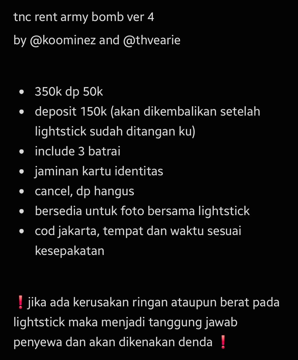 thvearie's tweet photo. Open rent lightstick armybomb ver 4 for bts world tour arirang in jakarta.

Day 1 ✅
Day 2 ✅

Please read tnc before dm https://t.co/9glrXBsjFN