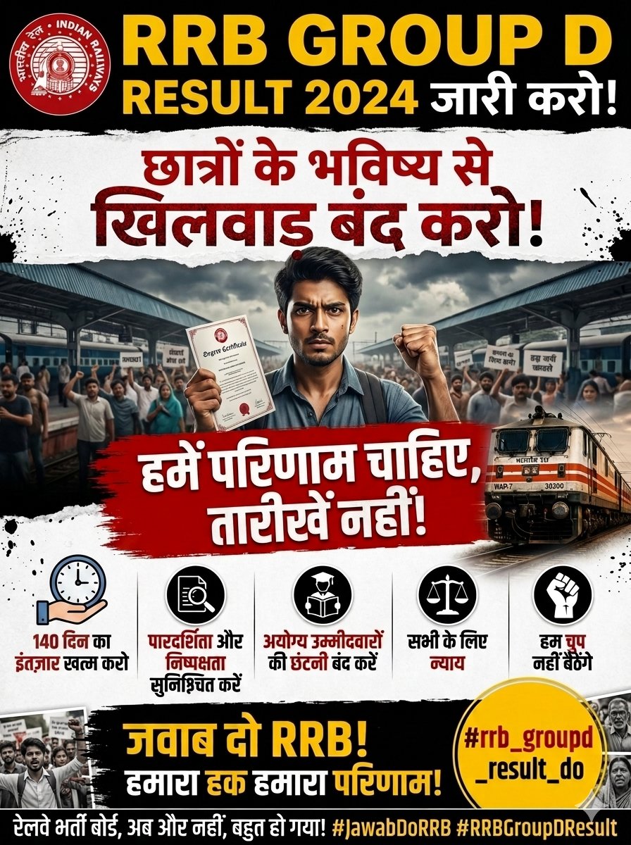 VishalLo1c's tweet photo. "कल करेंगे, परसों करेंगे " आखिर कब तक? छात्र दिन-रात सिर्फ एक ही वेबसाइट रीफ्रेश कर रहे हैं। मानसिक तनाव अब बर्दाश्त से बाहर है। महीनों की मेहन�� का फल दीजिए! रेलवे छात्रों के भविष्य से खिलवाड़ बंद करे। 📢
#rrb_groupd_result_do #RRBGroupD @RailMinIndia @PMOIndia @AshwiniVaishnaw https://t.co/A7Sw3iphv2
