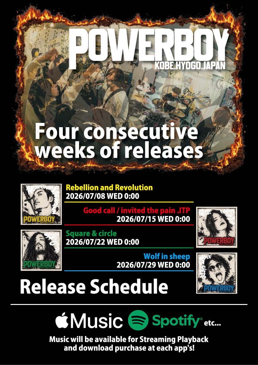 POWERBOY_japan's tweet photo. 【RELEASE】

/／

POWERBOY New Single
4週連続リリース決定‼️

\＼

🟡Rebellion and Revolution
2026.07.08 wed 0:00

🟥Good call / invited the pain. ITP
2026.07.15 wed 0:00

🟢Square &amp; Circle
2026.07.22 wed 0:00

🟦Wolf in sheep
2026.07.29 wed 0:00 https://t.co/y3BAm6HeQR