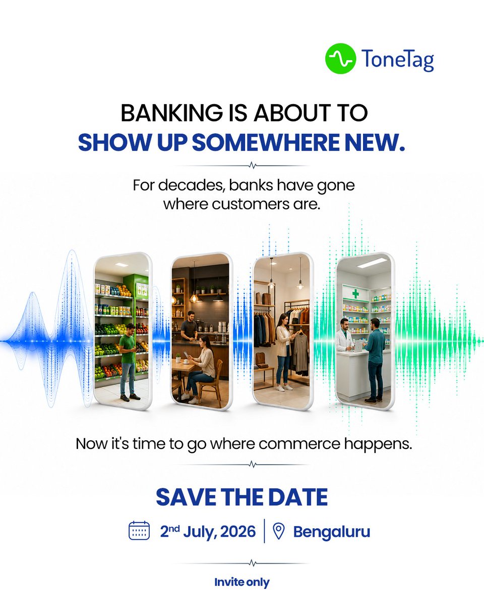 tonetag's tweet photo. Banks have spent decades bringing services closer to people.

Now it's time to bring them closer to commerce.

Save the date and watch this space for more updates!

📅 2 July 2026
📍 Bangalore

#BankingInnovation #Fintech #MerchantEcosystem #MSME #ToneTag https://t.co/mltUhuxiW2