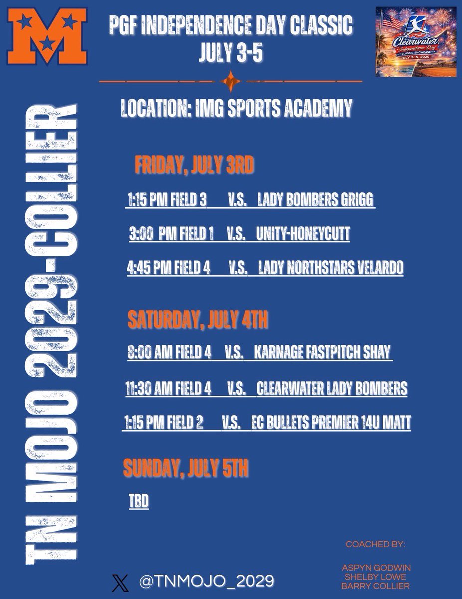 EmmaRobbins2029's tweet photo. We are playing at the PGF Independence Day Classic, at IMG Sports Academy. Would love to see some coaches stop by. @CareyCoachHogue @CoachKarlaUSF @CoachJordanSB @CoachNeubauer_6 @CoachBee9 @CoachBallMalone @CoachCotter14 @LindsayFico @CoachDot_LU @JAX_CoachE @katelyn_gruich https://t.co/HOfDqQim0N