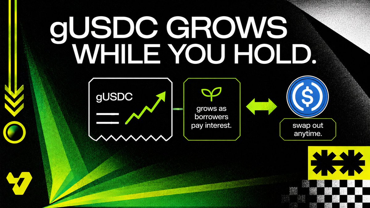 VriseProtocol's tweet photo. When you lend, you don't just park USDC and hope. You get gUSDC.

It's a token that quietly grows in value as borrowers pay interest. Hold it, and your share of the pool keeps climbing. No claiming, no restaking, no manual anything.

Want out? Swap it back to USDC anytime there's liquidity in the pool.