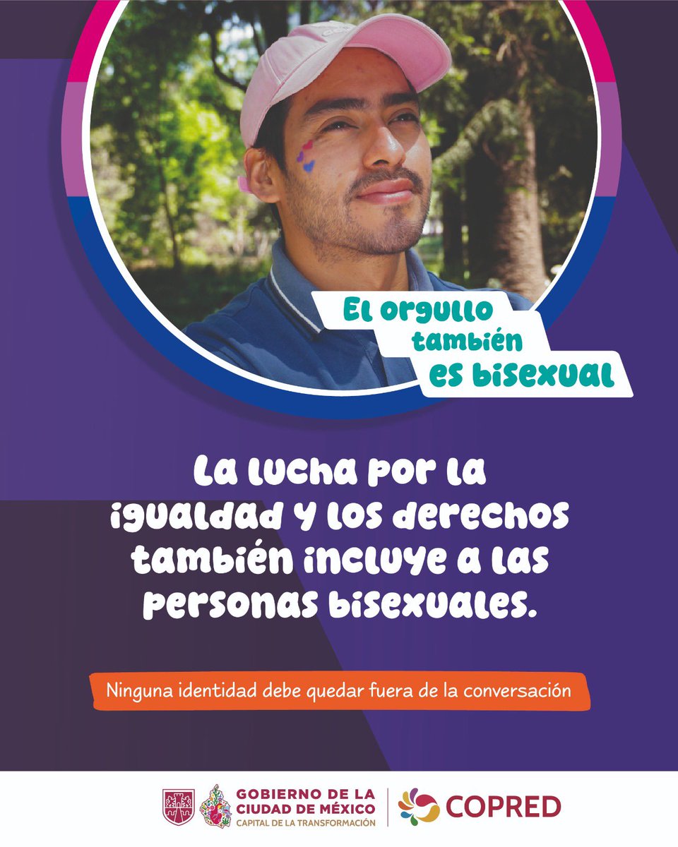 COPRED_CDMX's tweet photo. La bisexualidad es una de las orientaciones sexuales que integran la diversidad humana. Sigamos construyendo espacios donde todas las personas puedan vivir con libertad, respeto y sin discriminación. El ogullo también es bisexual https://t.co/j8ORBEGwDv