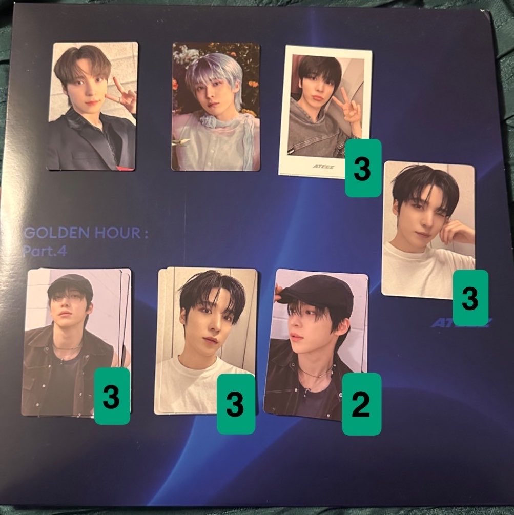 amelialftv's tweet photo. wwt or wts(?) my duplicate ateez photocards 🩷💚

the numbers in the corners are how many i have if there are multiple! 

i’m not looking for anything in 
particular, just something i don’t have. 

sn, mg, wy, jh are in the replies https://t.co/Gtw3dnSJIj