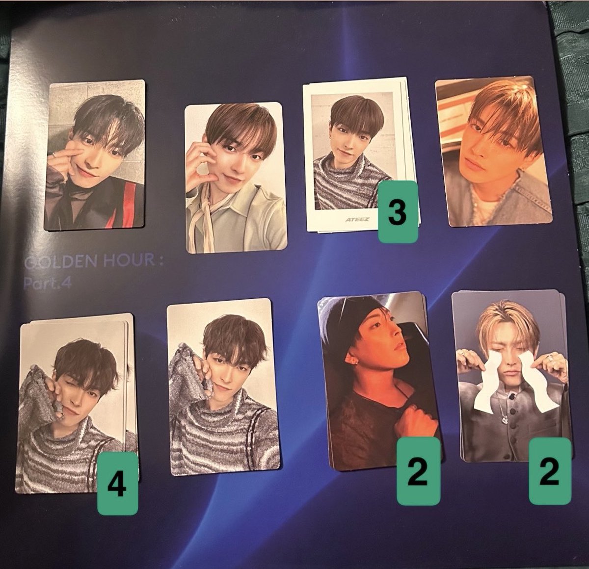 amelialftv's tweet photo. wwt or wts(?) my duplicate ateez photocards 🩷💚

the numbers in the corners are how many i have if there are multiple! 

i’m not looking for anything in 
particular, just something i don’t have. 

sn, mg, wy, jh are in the replies https://t.co/Gtw3dnSJIj