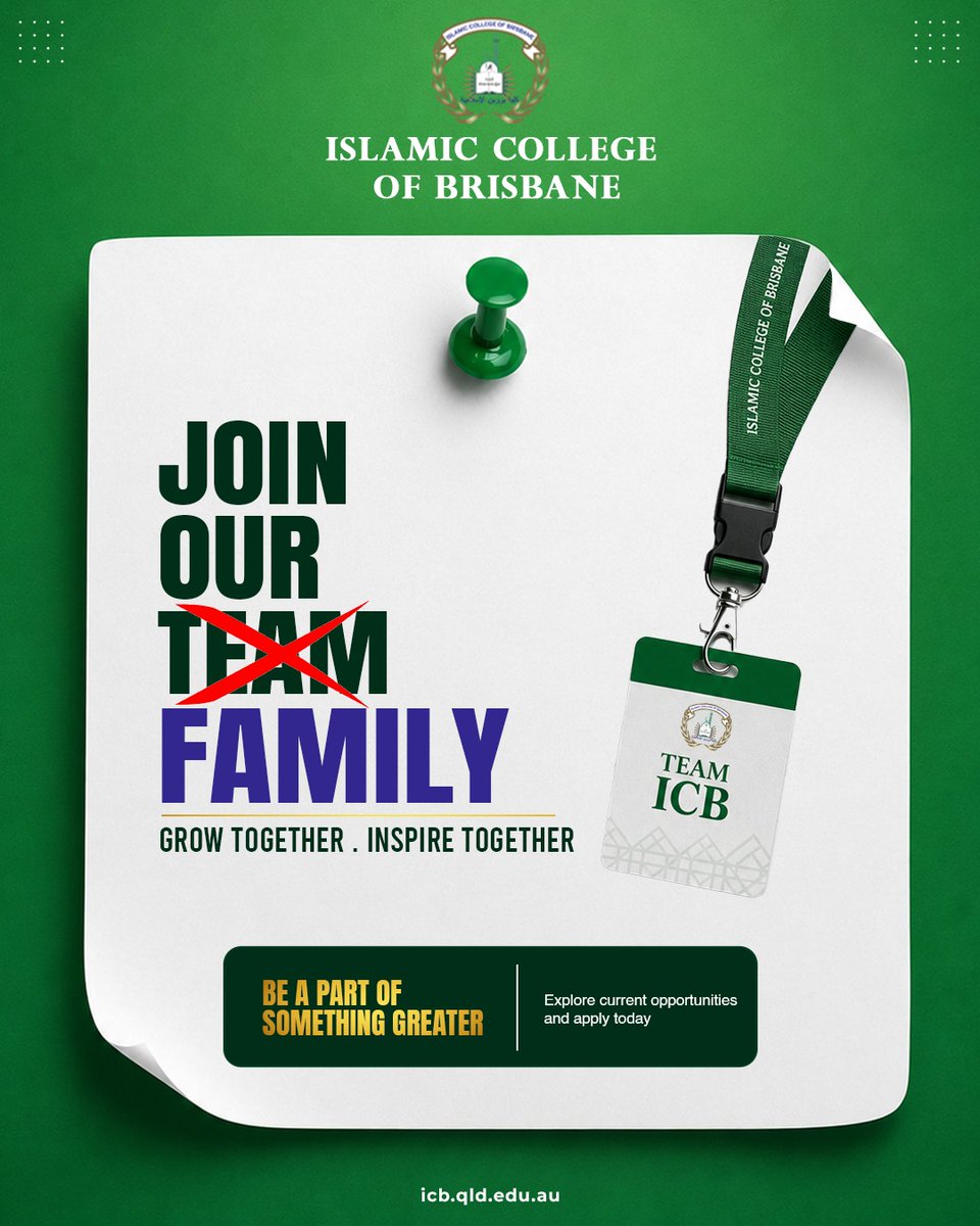 IcbBrisbane's tweet photo. This is more than a job. This is purpose in action.

Join the ICB Family.

Explore current opportunities and apply today:
 https://t.co/CYFMHpCi2R
#IslamicCollegeOfBrisbane #TeamICB #JoinOurFamily #BrisbaneJobs #EducationCareers #FaithAndExcellence #SchoolCommunity #ICBFamily https://t.co/t9ROqB7HMp