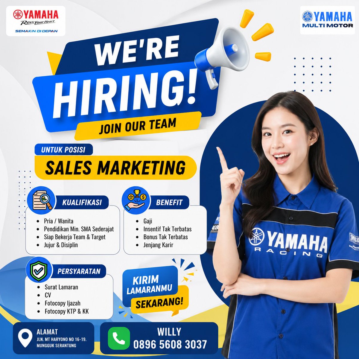 Lokersintang's tweet photo. 🚨 WE'RE HIRING! 🚨
Yamaha Multi Motor membuka kesempatan untuk posisi Sales Marketing.

✅ Pendidikan minimal SMA/sederajat
✅ Pria/Wanita
✅ Siap bekerja dengan target &amp; tim
✅ Jujur dan disiplin

🔥 Cuma cari 3 orang!
Jangan sampai kesempatan ini diambil orang lain. https://t.co/f1tVwFgzQh